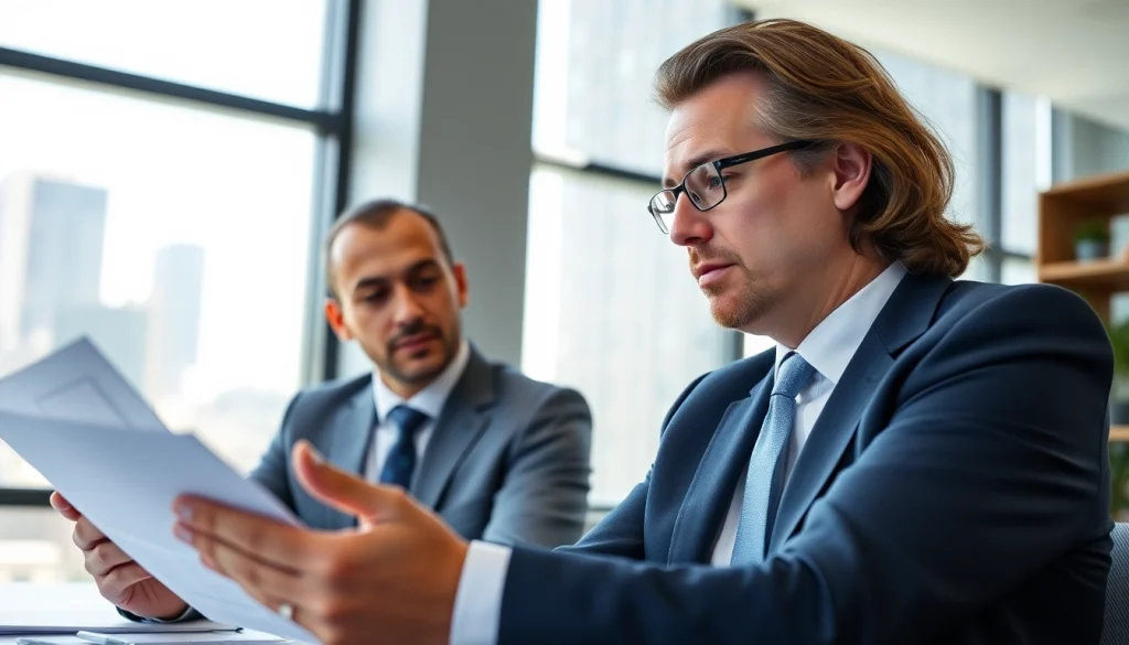 Eminent domain lawyer consulting with a client, showcasing professionalism and expertise in a bright office.