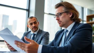 Eminent domain lawyer consulting with a client, showcasing professionalism and expertise in a bright office.