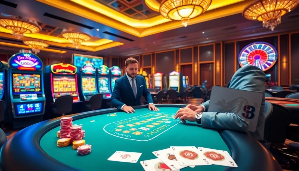 Experience the thrill of S8 Casino with a vibrant casino scene showcasing dealers, tables, and exciting games.