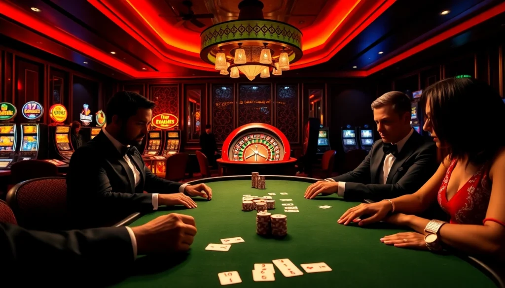Cheerful gamblers enjoying the excitement of gaming at https://rr88.navy/ in a luxurious casino environment.