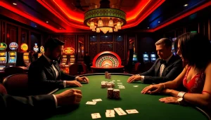 Cheerful gamblers enjoying the excitement of gaming at https://rr88.navy/ in a luxurious casino environment.