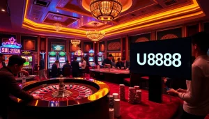 Experience the thrill of gaming at U888 Casino with vibrant poker tables and bright slot machines.