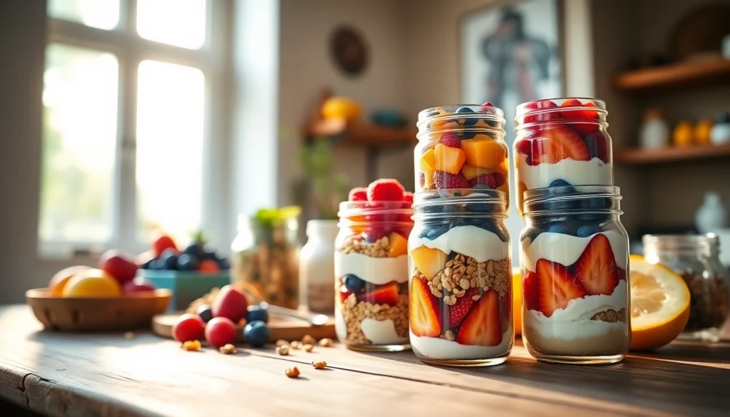 Prepare a delicious mason jar breakfast with https://masonjarbreakfast.com ingredients and vibrant colors.
