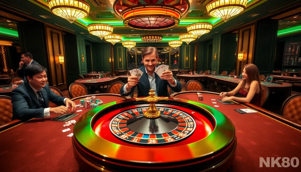 Experience nk88 excitement at a luxurious casino table with poker chips and a roulette wheel.