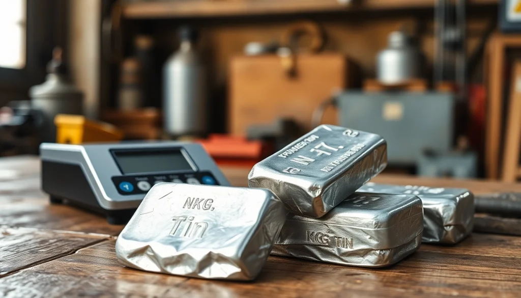 Was ist 1 KG Zinn wert? Abgebildet sind glänzende Zinngussteile auf einer digitalen Waage.