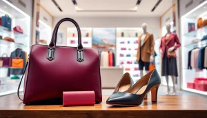 명품 이미테이션 고급 패션 아이템이 전시된 부티크 배경의 사진.