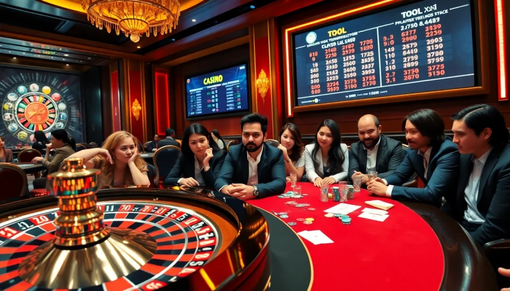 Experience the thrill of Tool xổ số siêu tốc in a luxurious casino atmosphere with engaging players and roulette.