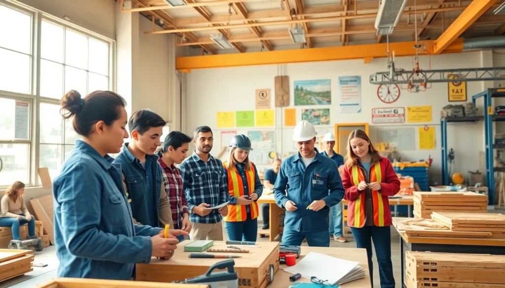 Engaged trainees in construction training programs practicing with tools and safety equipment in a workshop.