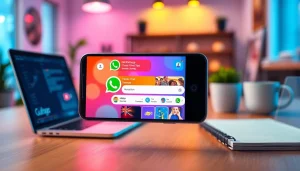 Engaging GB WhatsApp interface on a smartphone in a vibrant workspace.