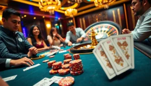 Players enjoying high-stakes poker at an MV88-themed casino table, capturing excitement and luxury.
