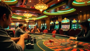 Players enjoying a poker game while celebrating rebahin film scenes in a vibrant casino.