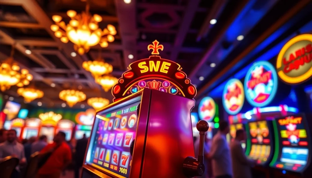 เล่นสล็อตออนไลน์ ที่สล็อตแมชชีนสีสันสดใสท่ามกลางบรรยากาศคาสิโนที่มีชีวิตชีวา