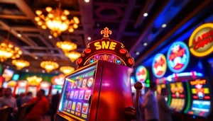 เล่นสล็อตออนไลน์ ที่สล็อตแมชชีนสีสันสดใสท่ามกลางบรรยากาศคาสิโนที่มีชีวิตชีวา