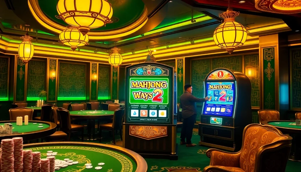 Pemain menikmati Mahjong Ways 2 dalam suasana kasino mewah dengan dekorasi yang berwarna-warni.