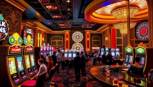 Rasakan sensasi Slot Deposit 1000 di tengah suasana kasino yang hidup penuh warna, dipenuhi kegembiraan dan mesin slot yang cerah.