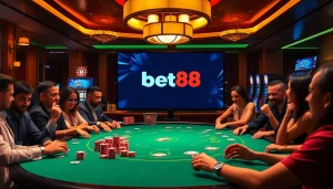 Experience high-stakes gameplay at Bet88's vibrant casino table, filled with colorful chips and dice.