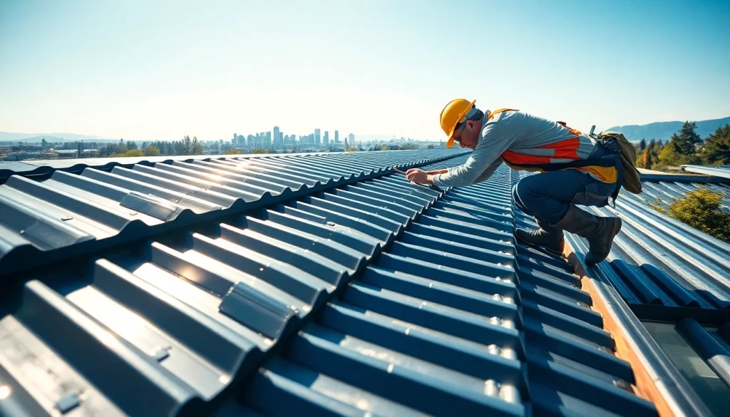 Installing durable metal roofing in Vancouver with a skilled worker and city backdrop.