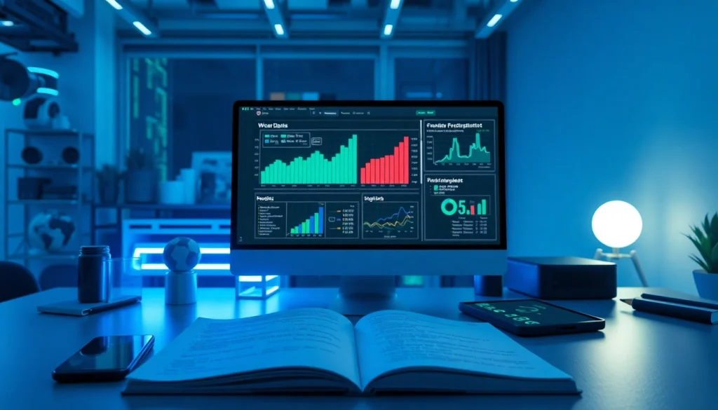 Dynamic web scrapping tools and analytics displayed in a high-tech workspace.