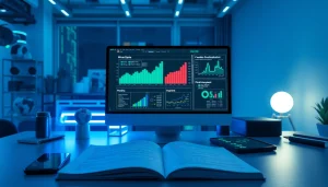 Dynamic web scrapping tools and analytics displayed in a high-tech workspace.