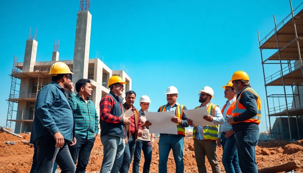 Engaged professionals pursuing careers in construction while reviewing blueprints at a building site.