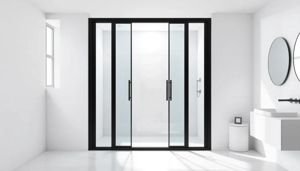 Admire the modern black shower sliding door crafted elegantly, enhancing this chic bathroom ambiance.