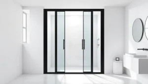 Admire the modern black shower sliding door crafted elegantly, enhancing this chic bathroom ambiance.