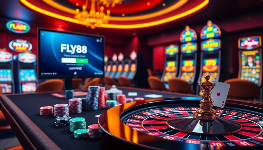 FLY88 đăng nhập interface displayed on a luxurious casino table with vibrant chips and cards.