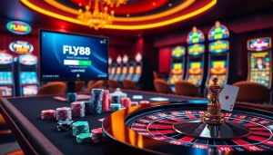 FLY88 đăng nhập interface displayed on a luxurious casino table with vibrant chips and cards.