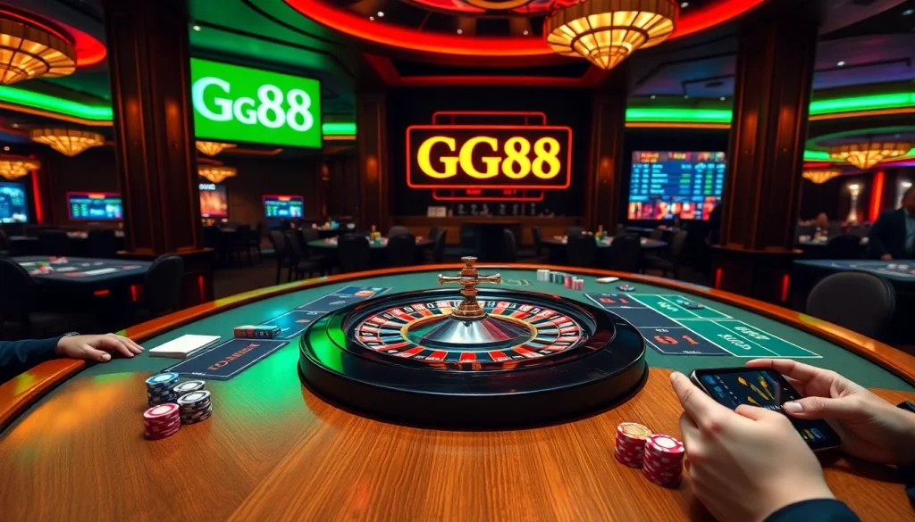 Experience the thrill of GG88 at a vibrant casino gaming table with exciting roulette and poker action.