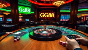 Experience the thrill of GG88 at a vibrant casino gaming table with exciting roulette and poker action.