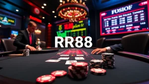 High-stakes RR88 poker action at a luxurious casino table with sleek chips and cards.