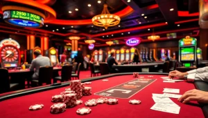 Engaging TR88 poker scene at a luxury casino with vibrant tables and chips in play.