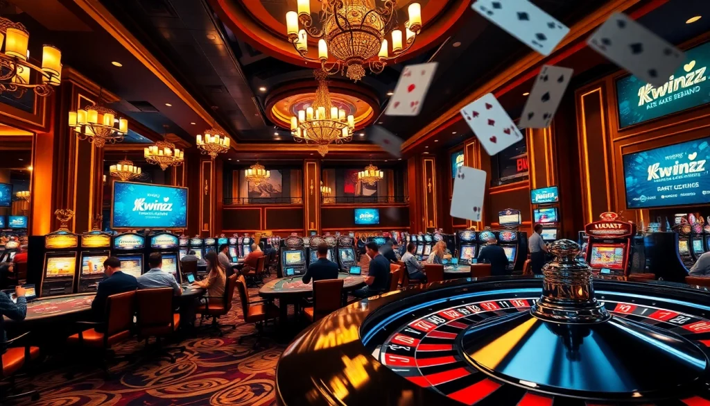 Experience the vibrant casino ambiance with players enjoying games at https://kkwinzz.com/ featuring poker tables and slot machines.