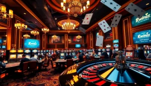 Experience the vibrant casino ambiance with players enjoying games at https://kkwinzz.com/ featuring poker tables and slot machines.