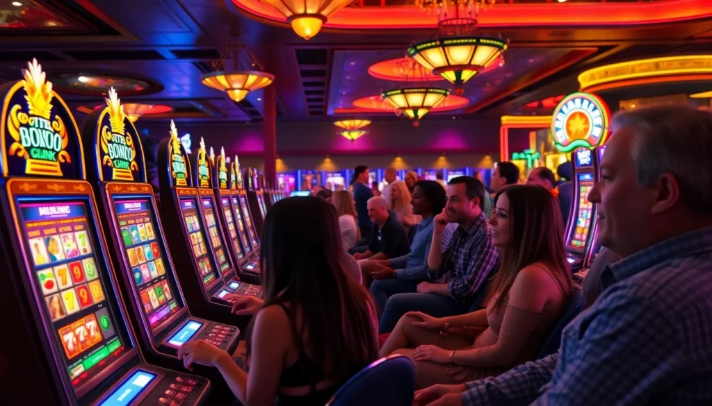 Slot depo 1k saat pemain menikmati mesin slot dengan suasana kasino yang meriah.