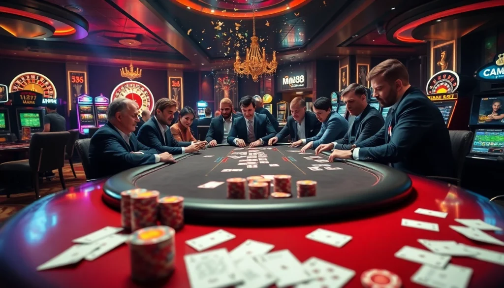 Experience thrilling gameplay at the Man88 poker table with vibrant bets and engaged players.