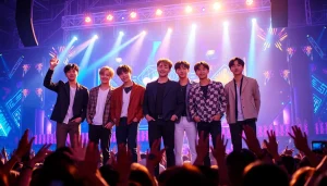 BTS members performing energetically on stage during a vibrant concert.