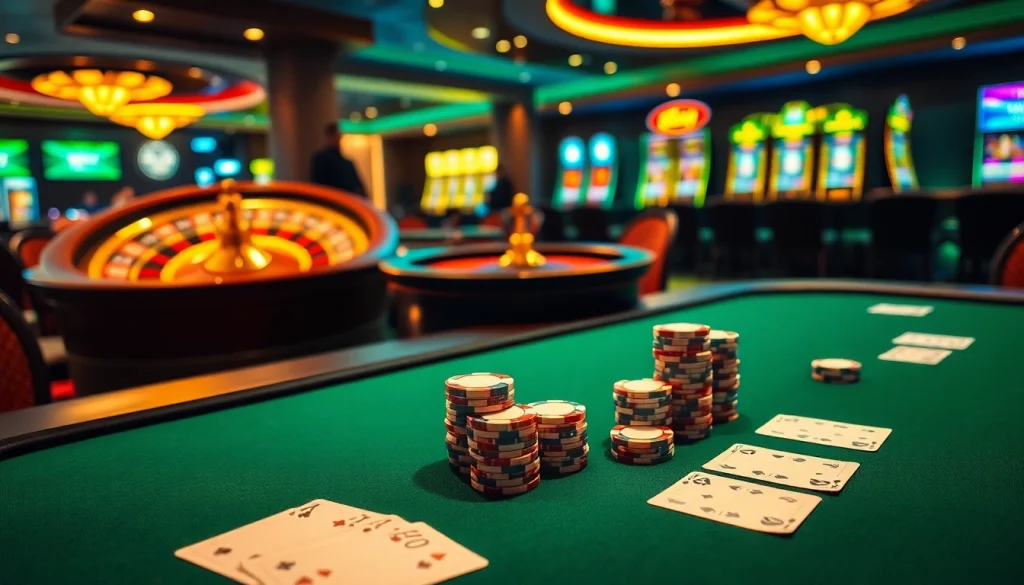 Experience thrilling gameplay at Man88's exciting casino atmosphere with poker chips and roulette.