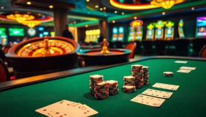 Experience thrilling gameplay at Man88's exciting casino atmosphere with poker chips and roulette.