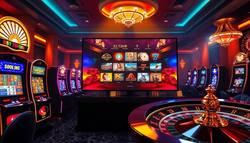 A vibrant casino scene showcasing the trang chủ tobet88 interface surrounded by poker chips and slot machines.
