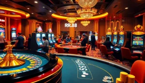 RR88 players celebrating a win at a luxurious casino with vibrant slot machines and a roulette wheel.
