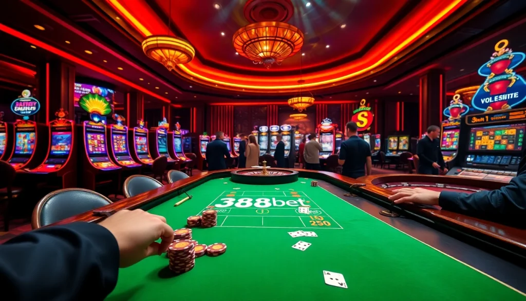 Experience the thrill of 388bet with luxurious casino tables and vibrant gambling action.