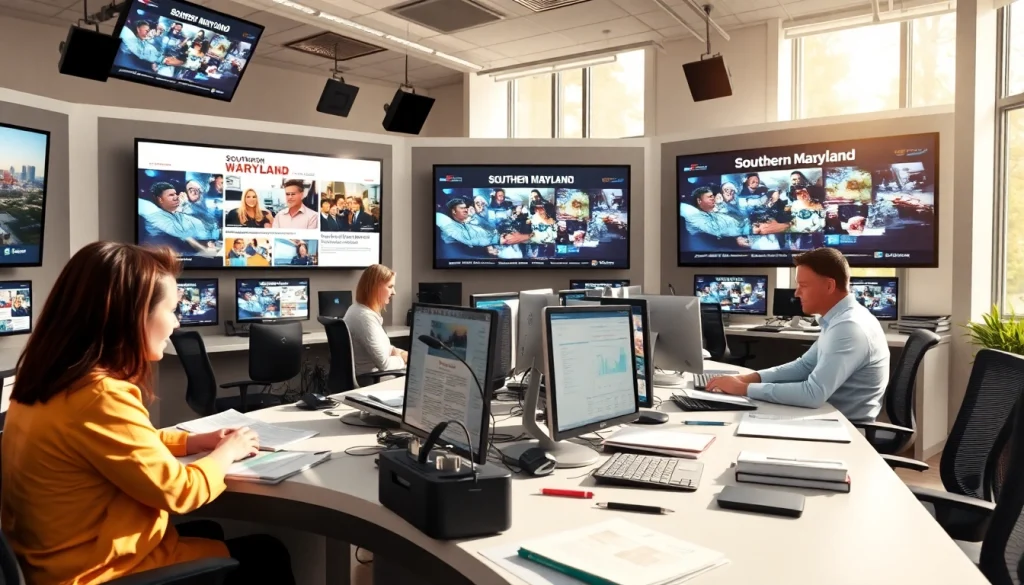 Showcasing journalists at work for https://southernmarylandchronicle.com in a bright, modern newsroom environment.