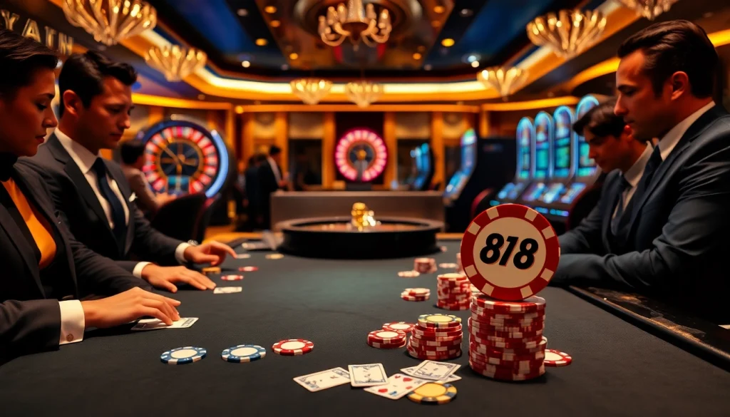 Experience the thrilling atmosphere of J88 with stunning poker games and vibrant casino decorations.
