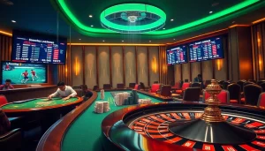 Players enjoying sbobet bets at a luxury casino table with roulette and poker chips.