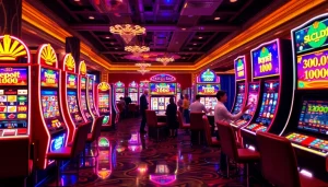 Engaging scene of players at slot machines with slot deposit 1000 promotions in a vibrant casino atmosphere.