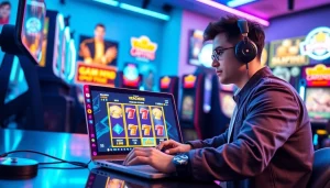 Menggambarkan pemain gudangcuan yang bermain mesin slot di laptop dengan grafik warna-warni.