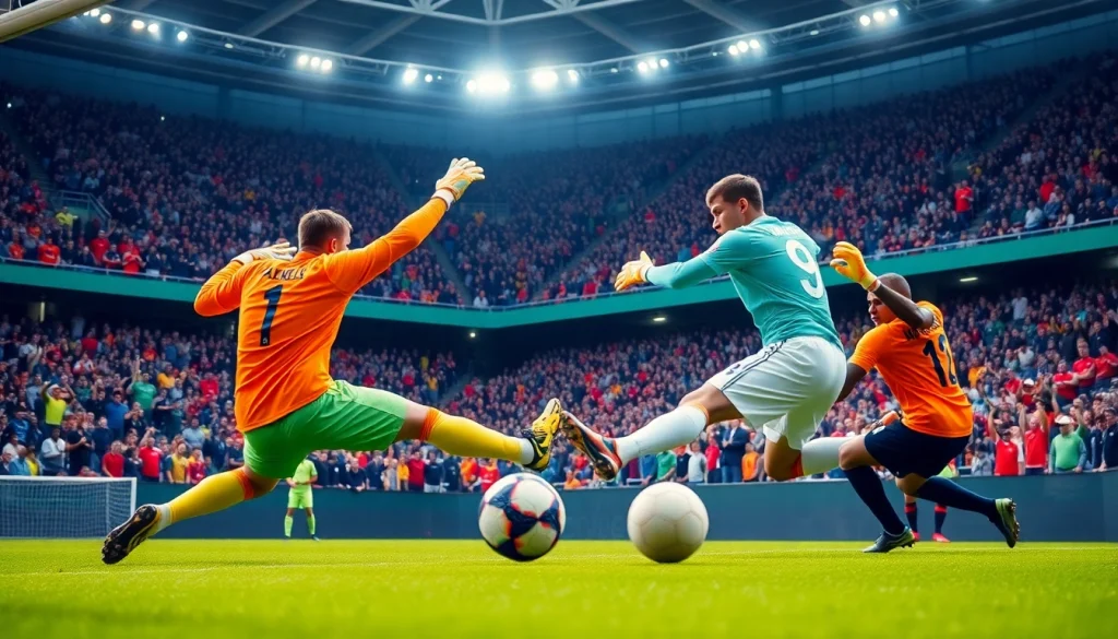 Goalkeepers save shots in an energetic soccer match, highlighting the excitement of ผลบอลสด888.