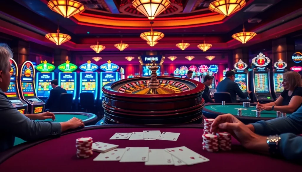 KUWIN players engage in thrilling casino games at a vibrant gambling scene with poker chips and cards.