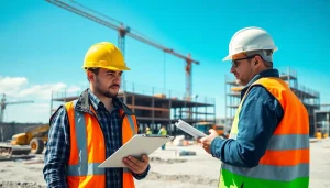 Promoting construction site safety with workers ensuring safety rules at a busy construction site.